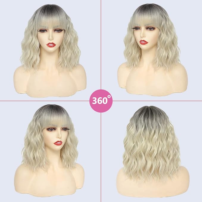 WAVE&BREEZE Blonde Wig with Bangs Short Wavy Bob Wigs for Women Natural Looking Ombre Blonde Hair Replacement Wigs Shoulder Length Daily Party Cosplay Costume Halloween Hair