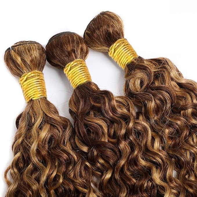 Honey Blonde Bundles Highlight Water Wave Bundle 26 28 30 Inch Brazilian Virgin Hair 3 Bundles P4/27 Wet and Wavy Bundle Hair Weave