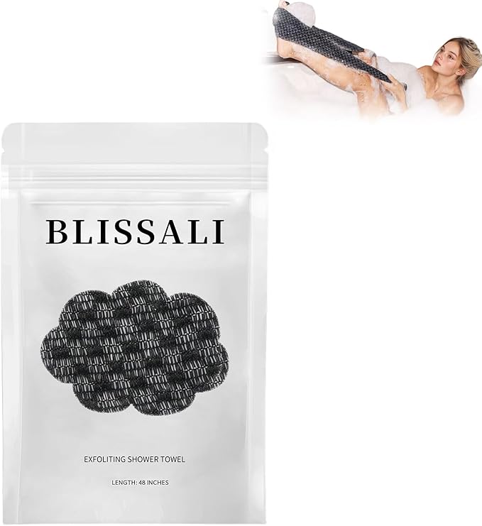 BLISSAL Exfoliating Shower Towel 47", Advanced Exfoliating Microfiber Towel, Premium Scrub Bathroom Towel Set for Smooth Skin, Quick Drying Durable and Gentle for Sensitive Skin (Black)