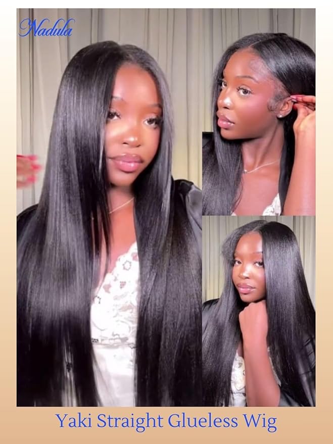 Nadula Bye Bye Knots Yaki Straight Glueless Wig Human Hair with Elastic Drawstring Pre Cut 7x5 Invisible Knots HD Lace Front Put on and Go Wigs Pre Everything Glueless Light Kinky Staight Wigs 18inch