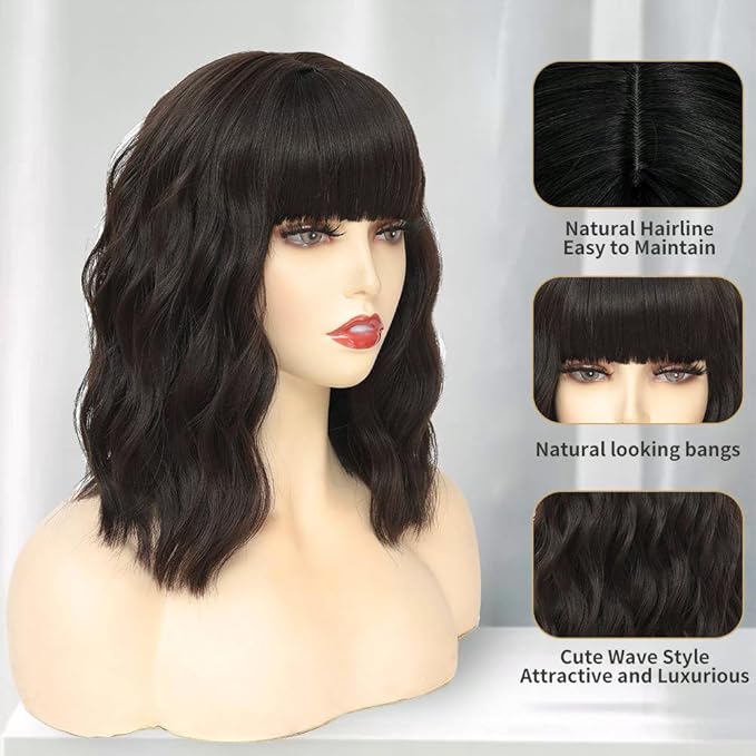 WAVE&BREEZE Brown Wig with Bangs Short Wavy Bob Wigs for Women 14 Inch Shoulder Length Natural Looking Synthetic Hair Replacement Wigs for Cosplay Party Use