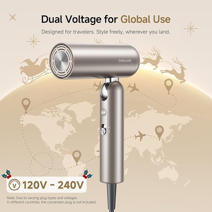 Dreame Pocket Pro Hair Dryer, Dual Voltage Travel Blow Dryer with Diffuser, 1300W Professional HighSpeed Ionic Hair Blower, Fast Drying, Low Noise, Lightweight, No Heat Damage, Global Travel 120V/240V