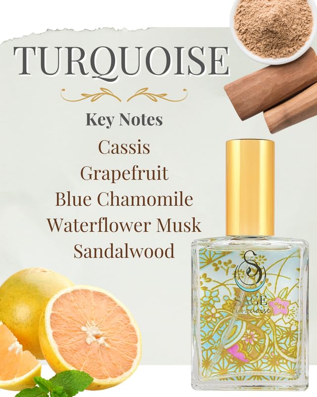 The Sage Lifestyle Turquoise Luxury Spray, Grapefruit, Sandalwood, White Musk, Perfume for Women, Long Lasting, Clean Skin Fragrance, Artisan, Summer, Beach, Parfum, 2 oz, Travel Perfume, Made in USA