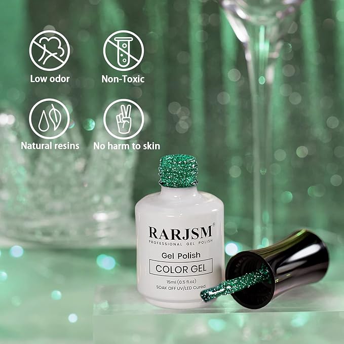 RARJSM Glitter Green Gel Nail Polish,Reflective Gel Polish Sparkle Glitter Flash Diamond Nail Gel Polish Soak off Disco Shimmer Gel Polish UV LED Curing Requires 15ml for Home Salon Diy Nail Manicure