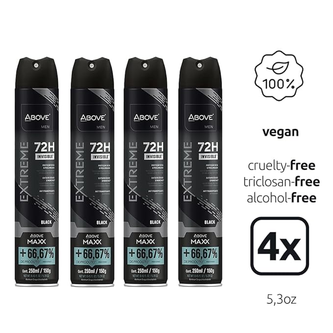 ABOVE Extreme Men Black MAXX - 72H Antiperspirant Spray Deodorant for Men 8.45 Fl Oz(4 Pack) | Aluminum-Free | Fresh Mist, No Stain & Alcohol, Long-Lasting Men's Deodorant Spray | Lavender and Oliban