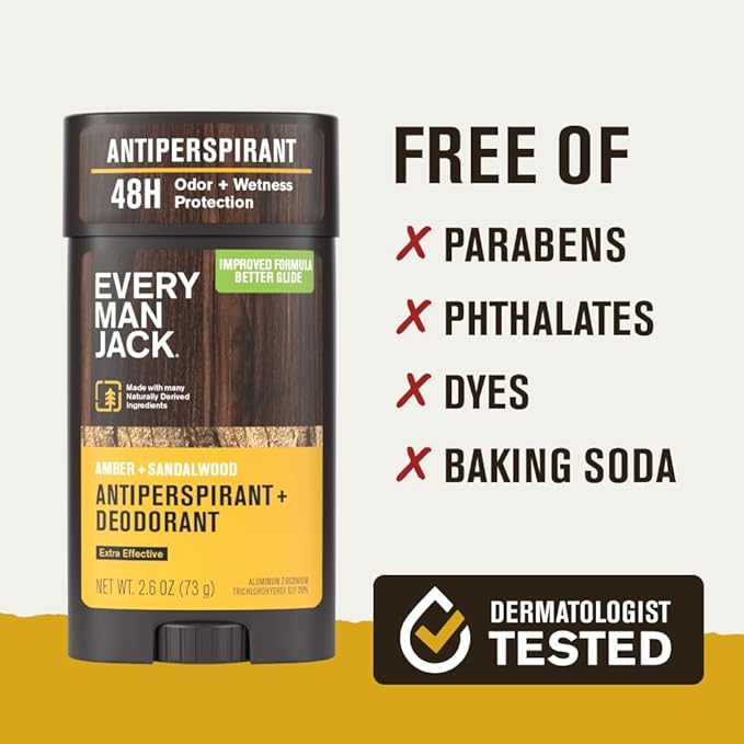 Every Man Jack Men’s Amber + Sandalwood Antiperspirant Deodorant – New & Improved Formula – 48-Hour Odor & Sweat Defense– 2.6 oz (2 Pack)
