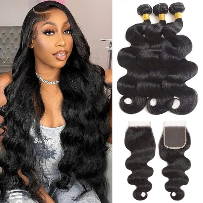 Brazilian Human Hair Body Wave 3 Bundles with Closure Body Wave 100% Unprocessed Virgin Hair Bundles with 4x4 Lace Closure Free Part Natural Color Body Wave (16 18 20 +14, Natural Color)