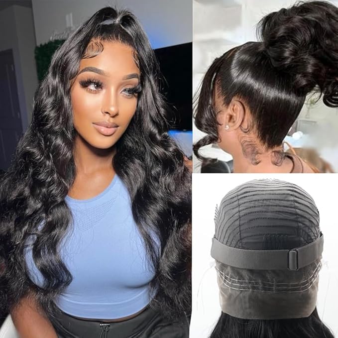 Hidden Strap 360 Lace Front Wigs Human Hair 220% Density Body Wave HD Lace Front Wigs with Drawstring 360 Full Lace Wigs for Women Pre Plucked with Baby Hair Natural Color 30 Inch