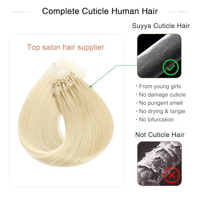 SUYYA Micro Links Hair Extensions Platinum Blonde Micro Loop Human Hair Extensions Straight Microlink Hair Extensions Human Hair 50 Strands 40g/Pack for Women(16 inch #60 Platinum Blonde)