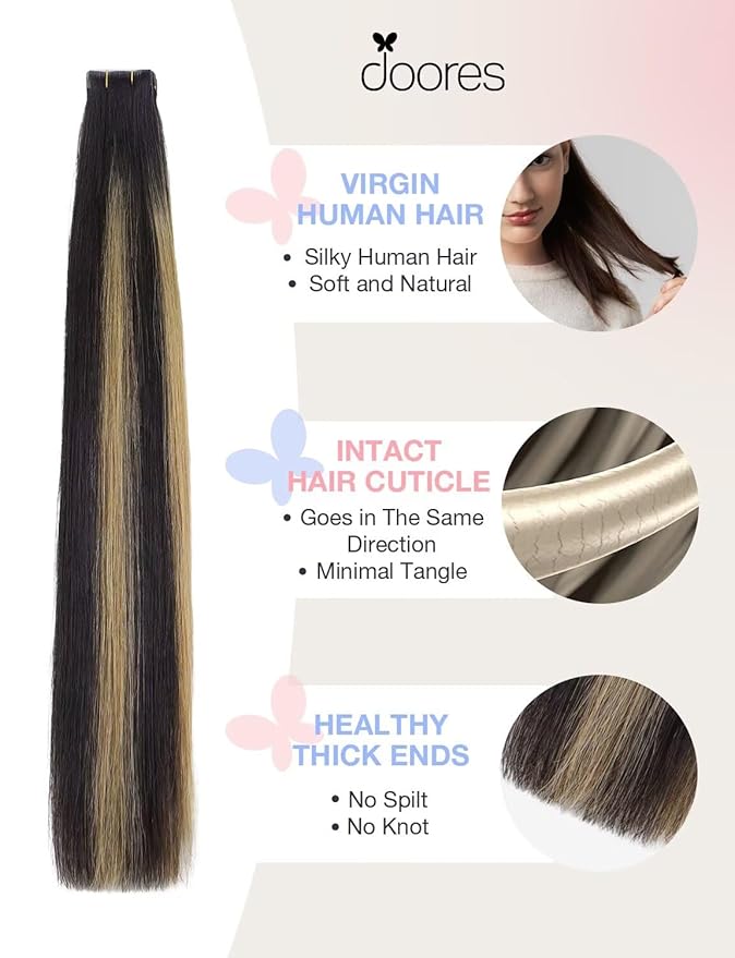 DOORES Invisi Edge Tape in Human Hair Extensions, Natural Black to Light Blonde 10pcs Injection Tapeins, 25g 20 Inch, Injected Virgin Hair Tape in Extensions Straight