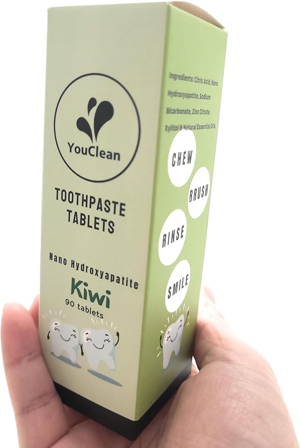 90 Toothpaste Tablets in Refill/Recycle Glass Tube - for Travel and Daily Home Office Use - Nano Hydroxyapatite, Fluoride-Free, Vegan (Kiwi)