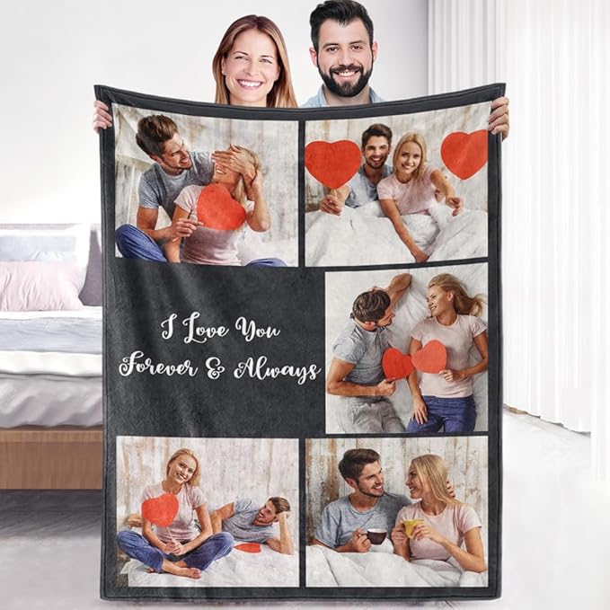 Custom Sherpa Fleece Blanket with Photos & Text - Soft, Warm & Fuzzy Personalized Couples Gifts for Boyfriend & Girlfriend - Customized Picture Blanket for Birthday, Anniversary & Christmas