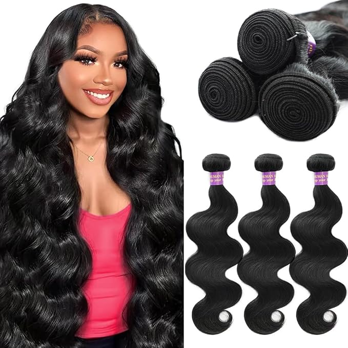 24 26 28 Inch Human Hair Bundles Body Wave Bundles Human Hair 100% Unprocessed 14A Brazilian Hair Bundles Deals Human Hair Body Wave Hair Extensions Quick Weave Natural Black