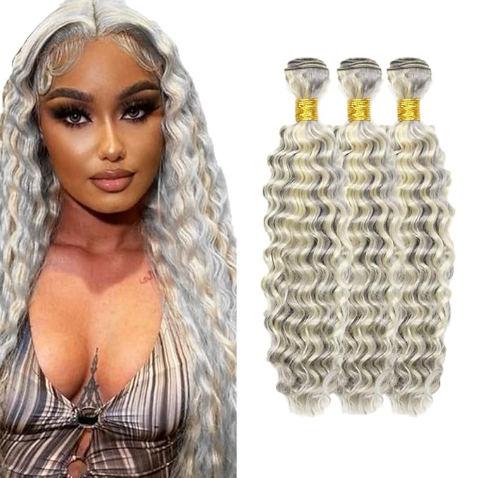 22 24 26 Inch Blonde Bundles Human Hair P613/grey Deep Wave 3 Bundle Unprocessed Brazilian virgin hair Weave Extensions Double Weft 50 Grams/Bundle Colored Highlight Grey Bundles for Woman