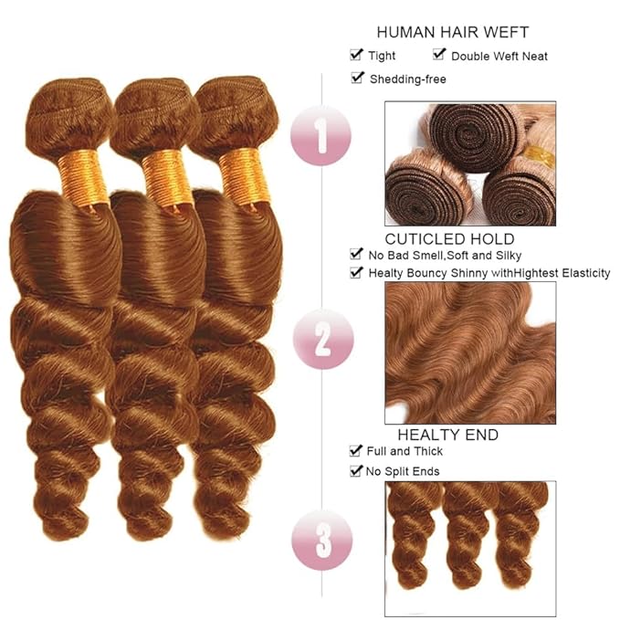 #30 Brown Bundles Human Hair Loose Wave Bundles 24 26 28 Inch Brazilian Color #30 Bundles Light Brown Loose Wave Bundles Hair Extensions