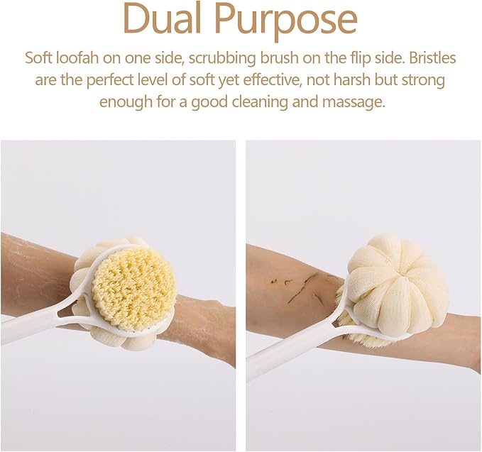 BTYMS Bath Sponge Back Brush Long Handle for Shower 17 Inch, Double Sided Exfoliating Back Scrubber Brush Shower Body Brush with Soft Bristles and Loofah