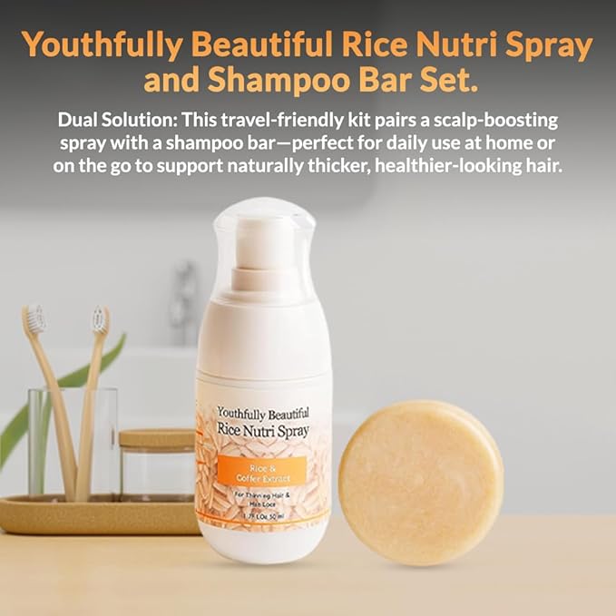 Youthfully Beautiful Rice Nutri Spray and Shampoo Bar Set Thickens Hair Supports Healthy Growth Rice Coffee Extract for Thinning Hair and Hair Loss Natural Cleanser Scalp Treatment