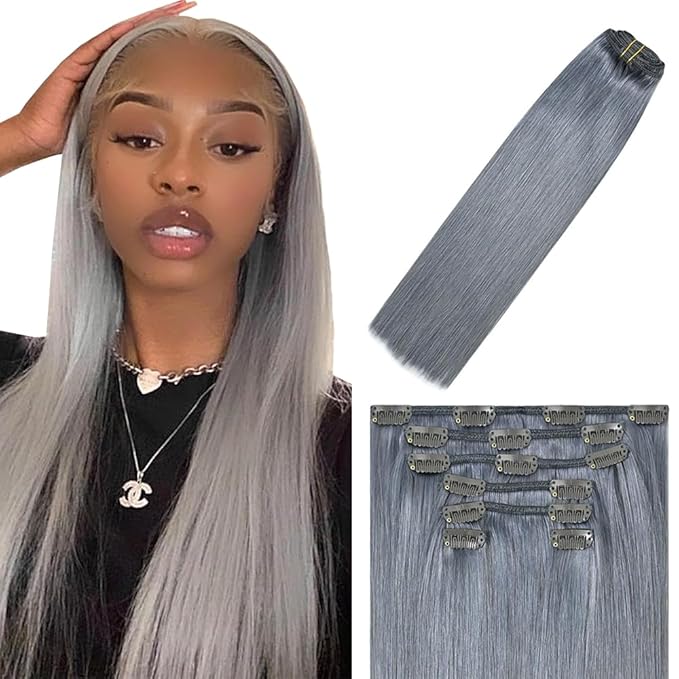 22 Inch Grey Clip in Hair Extensions - Real Remy Human Hair, 120g 7pcs, Silver Grey Human Hair Extensions Clip ins for Women