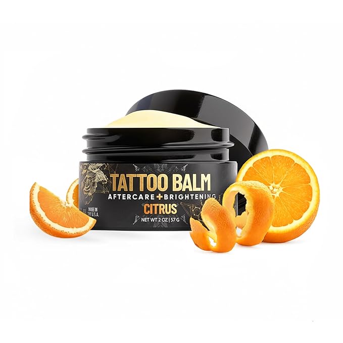 Derm Dude Tattoo Aftercare Brightening Balm | Moisturizing Balm to Heal Protect & Rejuvenate New & Existing Tattoos | Non-Greasy Formula with Dragon's Blood, Shea Butter & St John's Wort, Citrus 2oz