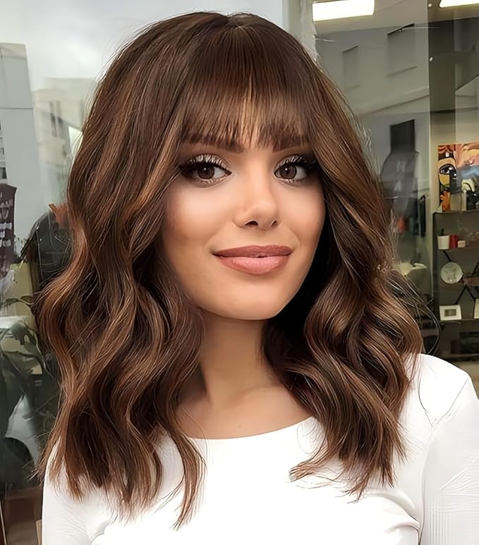 WAVE&BREEZE Short Brown Highlight Blonde Wigs with Bangs 14Inch Blonde Curly Bob Wig for Women Shoulder Length Natural Looking Hair Replacement Wig for Daily Party Use Cosplay Costume Halloween Wig
