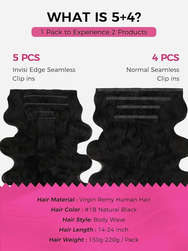 Lashey Invisi Edge & Seamless Clip in Hair Extensions Human Hair, 160g 9pcs(5pcs Invisi Edge & 4pcs Seamless) Hair Extensions Real Human Hair, 16 Inch Natural Black Body Wave Hair for Full Head