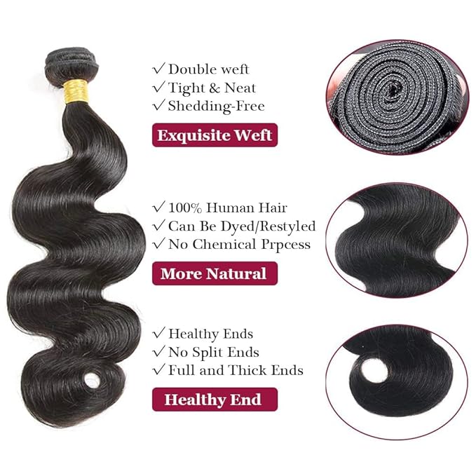 Brazilian Human Hair Body Wave 3 Bundles with Closure Body Wave 100% Unprocessed Virgin Hair Bundles with 4x4 Lace Closure Free Part Natural Color Body Wave (16 18 20 +14, Natural Color)