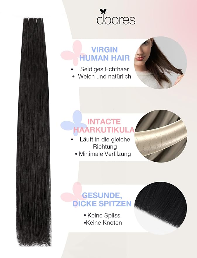 DOORES Invisible Tape in Hair Extensions Real Human Hair Invisi Edge, Jet Black 10pcs Injection Tape-ins 25g 18 Inch, Virgin Human Natural Injected Tape in Extensions Straight