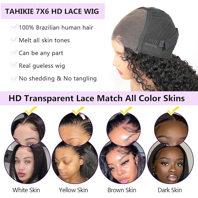 7x6 Burmese Curly Glueless Wigs Human Hair Pre Plucked Pre Cut 250% Density Drawstring Wig Human Hair 7x6 HD Lace Front Wigs Human Hair for Black Women Wear and Go Glueless Wig Natural Color 26inch