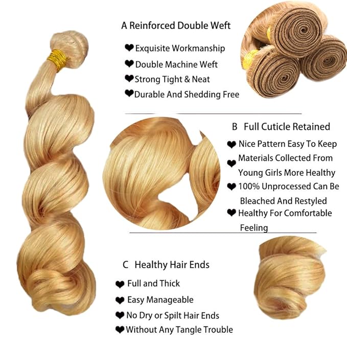 30 32 34 Inch Blonde Bundles Color 27 Loose Wave Bundle Human Hair 3 Bundles Brazilian Virgin Remy Hair Honey Blonde Bundle Hair Weave 150g