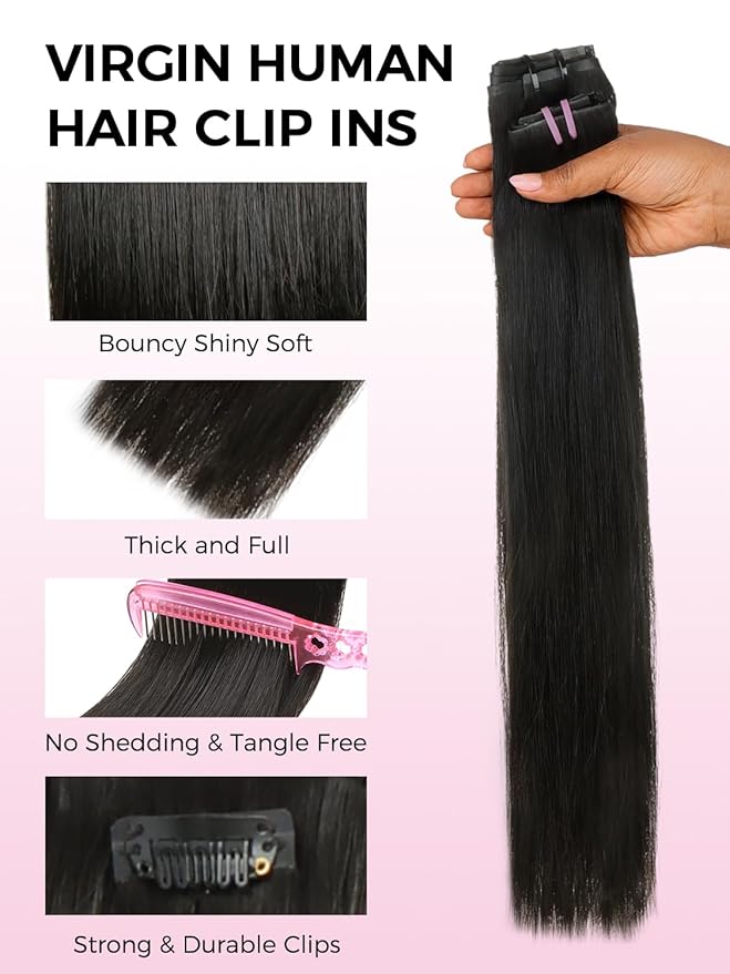 Lashey Invisi Edge & Seamless Clip in Hair Extensions Human Hair, 14 Inch 110g 7pcs(5pcs Invisi Edge& 2pcs Seamless) Real Virgin Human Hair Extensions, Natural Black Straight Hair