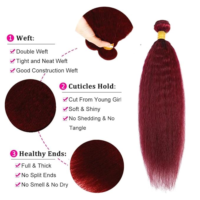 99j Bundles Human Hair Burgundy Yaki Straight Bundles Red Human Hair Bundle 18 20 22 inch 99J Yaki Bundle