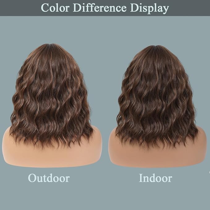 WAVE&BREEZE Short Brown Highlight Blonde Wigs with Bangs 14Inch Blonde Curly Bob Wig for Women Shoulder Length Natural Looking Hair Replacement Wig for Daily Party Use Cosplay Costume Halloween Wig