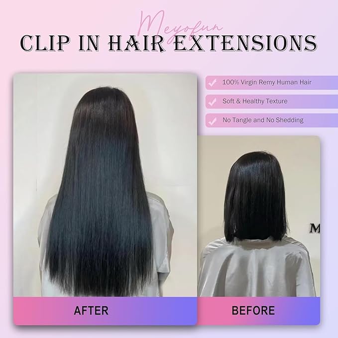 Clip in Hair Extensions Real Human Hair, 26Inch 130g, 1B Natural Black, Invisible Seamless Straight Remy Human Hair Clip in Extensions for Women 8pcs Per Set with Double Weft