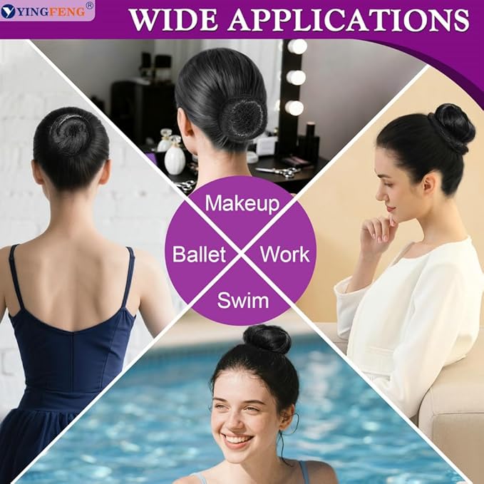 YINGFENG 134 Pcs Black Hair Bun Maker Kit Medium - 4 Bun Hair Pieces for Women, 20 Hair Net for Buns, 100 Bobby Pins for Women, 10 Hair Bands, for Ballet Styling, Hair Accessories for Girls