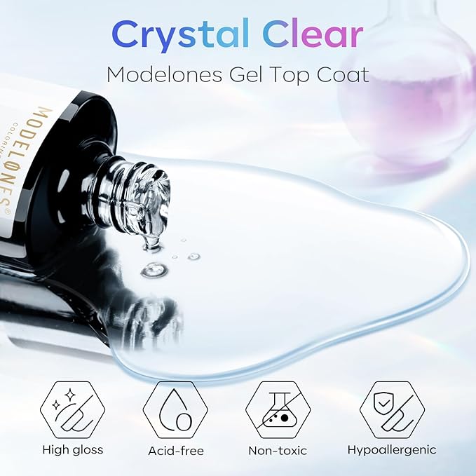 modelones Gel Top Coat, 15ml No Wipe Gel Nail Polish High Gloss Top Coat Shiny Long Lasting Clear Top for Acrylic Nails, Need U V/LED Lamp for Home DIY Gift Winter Christmas Manicure Salon