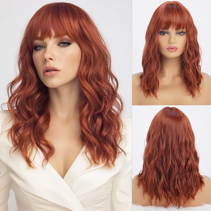 Copper Red Wigs with Bangs for Women Synthetic 16 inch Medium Length Wigs with Natural Long Wavy Fringe Bang wig Heat Resistant Hair for Daily Party Use (Copper)