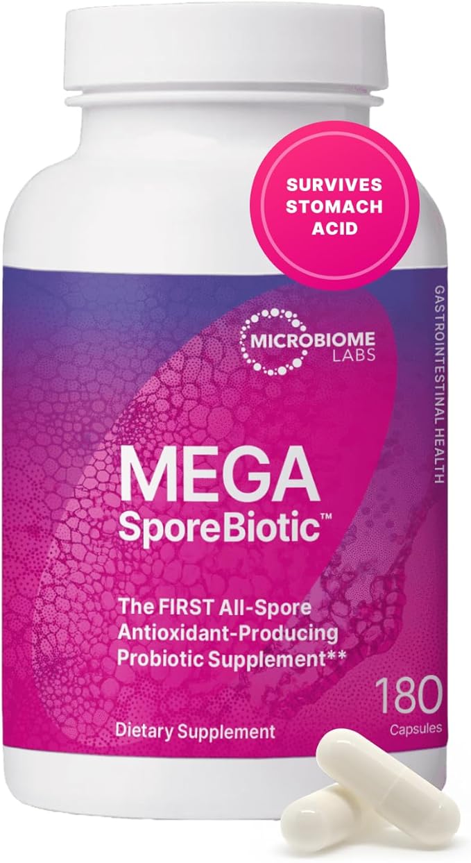 Microbiome Labs MegaSporeBiotic Probiotics for Women & Men - Spore-Based Probiotic for Gut Health & Digestive Support - Shelf-Stable, Travel-Friendly, Mens & Womens Probiotics (180 Capsules)