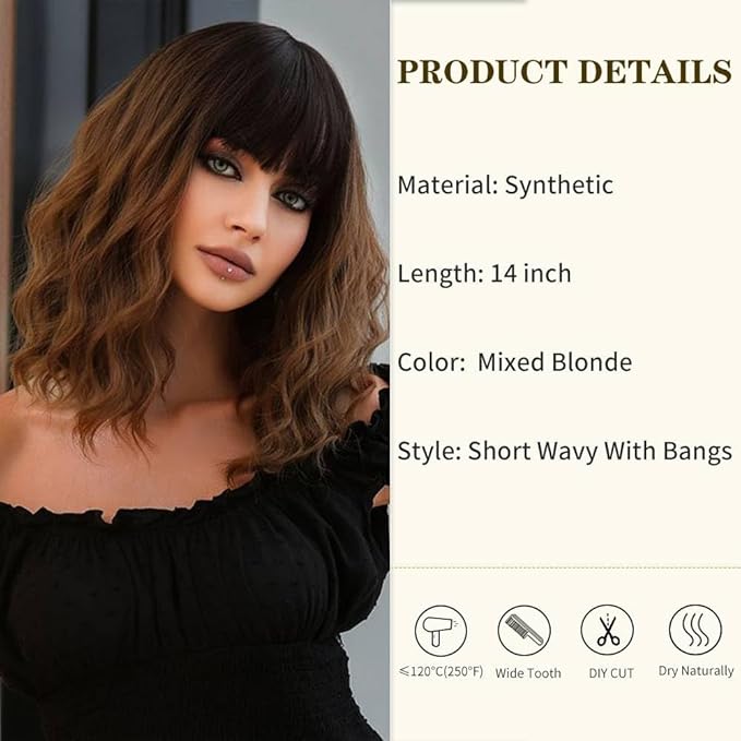 WAVE&BREEZE Bob Wig with Bangs Short Wavy Wigs for Women Medium Length Black To Brown Daily Hair Natural Looking Heat Resistant Synthetic Fibre Cosplay Party Halloween Costume Wig