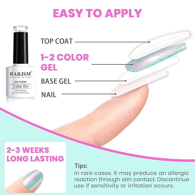RARJSM Nail Gel Polish Holographic Green Nail Gel Polish Spring Summer Colors Nail Art Nail Polish Curing Requires Soak Off 7.5ML DIY Nail Art