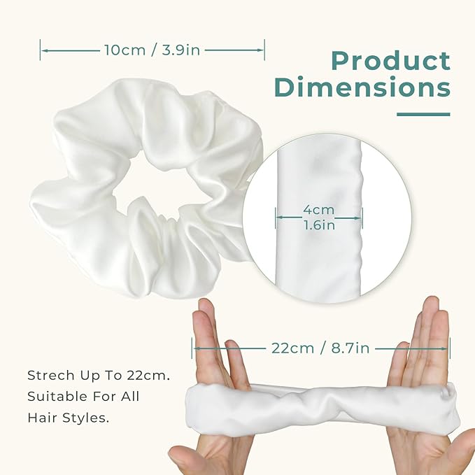 Pure Silk Scrunchies, 100% Mulberry Silk Hair Elastic for Women, Anti-Crease, Gentle on Hair (1, White)