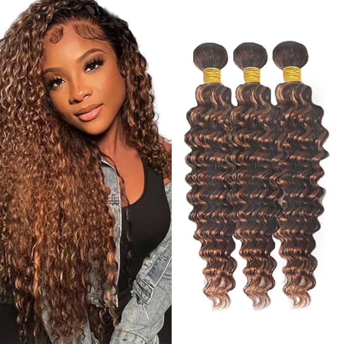 Freiuoke 30 32 34 Inch Highlight Human Hair Bundles Light Brown Deep Wave Human Hair Bundles Brazilian Unprocessed Virgin Hair 3 Bundles Two Tone Brown Mixed With Auburn Bundles Hair Weave