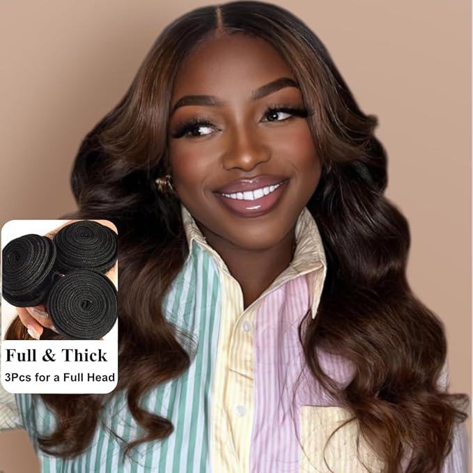 UNICE Chestnut Brown Ombre Body Wave Human Hair Weave 3 Bundles 20 20 20 inch Brazilian Remy Human Hair Wavy Sew in Human Hair Extensions