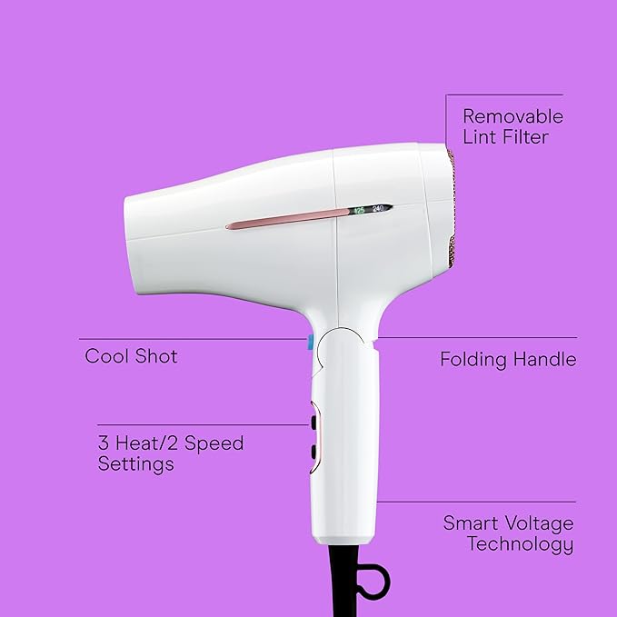 Conair Double Ceramic Travel Dryer with Concentrator & Folding Handle, 1875W Travel Blow Dryer with Smart Voltage Technology, Ionic Conditioning Fights Frizz, 3 Heat & 2 Speed Settings, White