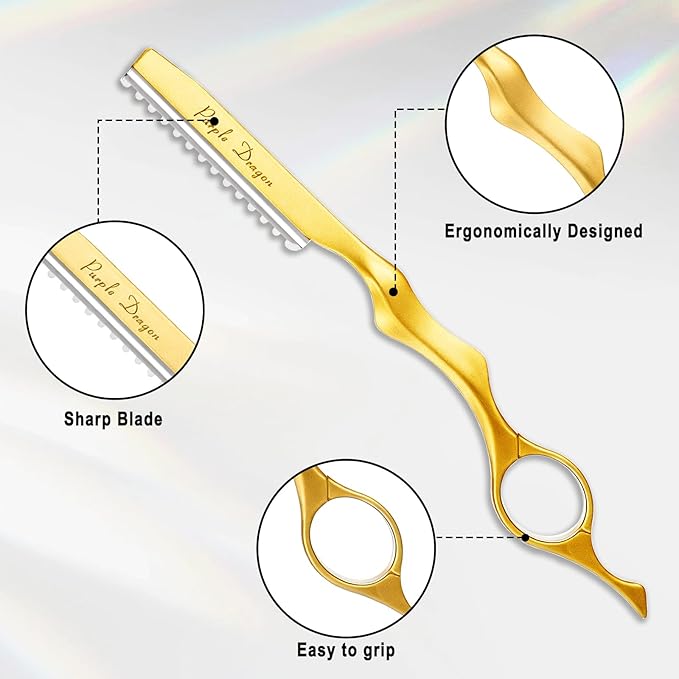 Hair Razors For Cutting Hair 7" Mental Thinning Styling Razors with 10 PCS Sharp Stainless Steel Blades Professional Styling Tool for Salon and Home (Gold)
