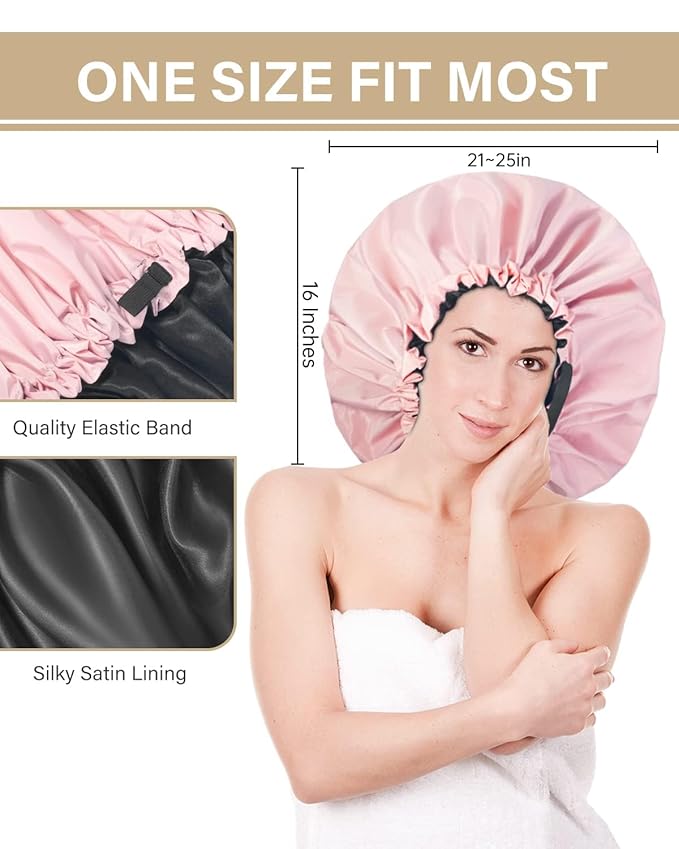 Aquior Shower Cap,Extra Adjustable Shower Caps for Women Double-Layer Waterproof Reusable Hair Cap, Large Size Hair Cap for All Hair,for Girls Spa Bath,Soft and Comfortable (Pink)