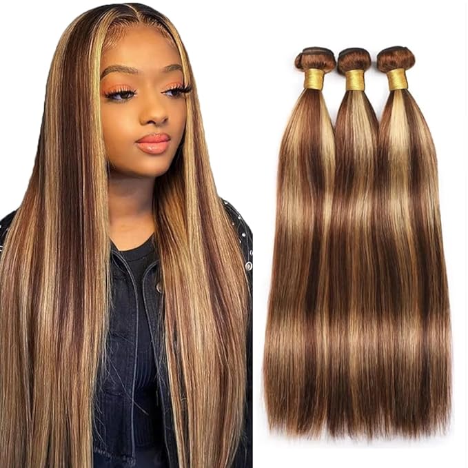 28 30 32 Inch Blonde Bundles Human Hair P27/33 Honey Blonde Straight 3 Bundle Unprocessed Brazilian virgin hair Weave Extensions Double Weft 50 Grams/Bundle Colored Highlight Brown Bundles