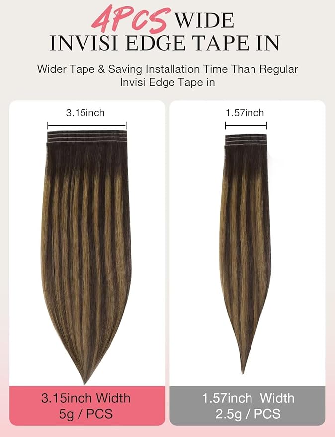 DOORES Invisi Edge Wide Tape in Human Hair Extensions, Dark Brown to Chestnut Brown 4PCS Injection Tape ins 20g 18 Inch, Injected 3 Inch Wide Extensions Straight for Thinning Hair