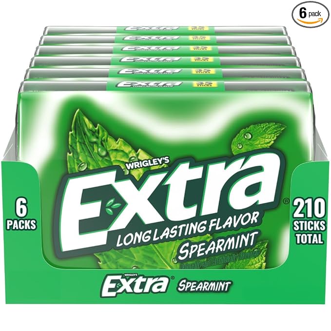 EXTRA Gum Spearmint Stocking Stuffer Christmas Gift, Bulk Chewing Gum Sugar-Free, Mega Pack of 6 with 35 Sticks Each