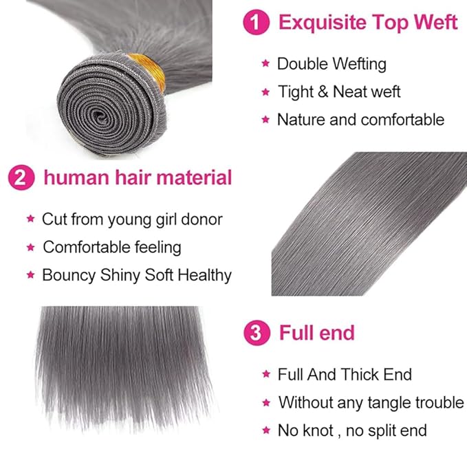 Gray Bundle Silver Human Hair Bundles Grey Straight Bundle 18 20 22 inch Mixed Length 3 Bundles Silver Hair Extensions