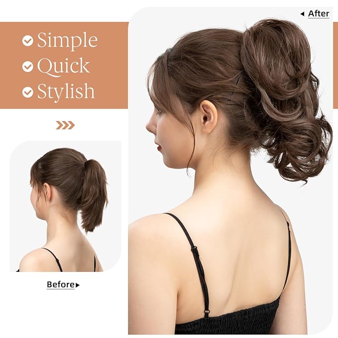 CJL HAIR Claw Clip Short Ponytail Hair Extensions DIY Bendable Metals Messy Bun Hair Piece for Wonen Wavy Curly Synthetic Fake Hairpieces Dark Brown/Golden Blonde